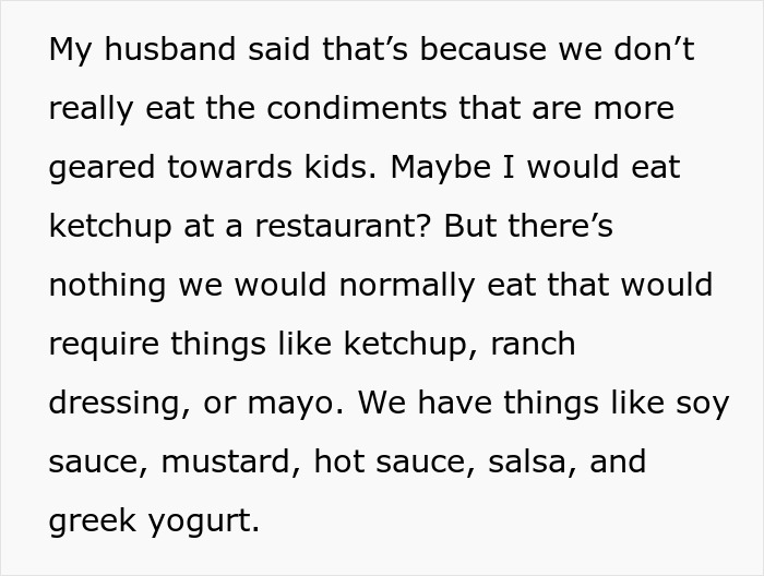 Text discussing condiment preferences and the suitability of sauces for children's meals.
