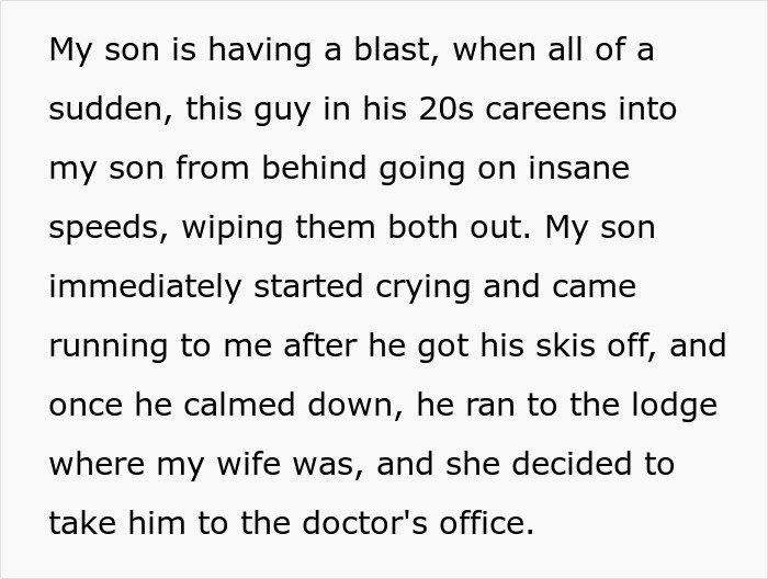 Text describing an incident where a young skier was hit by an adult on a beginner trail.