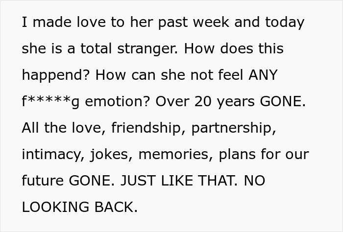 Text about marriage ending after 20 years, expressing shock and loss of love, friendship, and future plans. Text about marriage ending after 20 years, expressing shock and loss of love, friendship, and future plans.