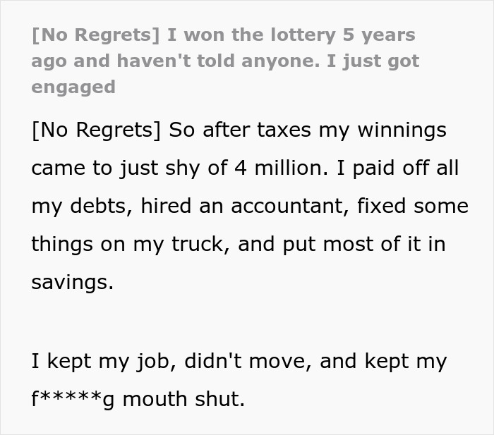 Secret millionaire hides jackpot, contemplating revealing to fiancée to pay off her debt, text description in image. Secret millionaire hides jackpot, contemplating revealing to fiancée to pay off her debt, text description in image.