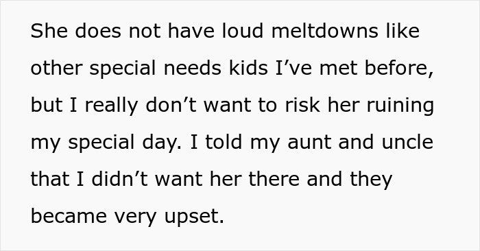 Text image discussing exclusion at a child-free wedding and family upset. Text image discussing exclusion at a child-free wedding and family upset.