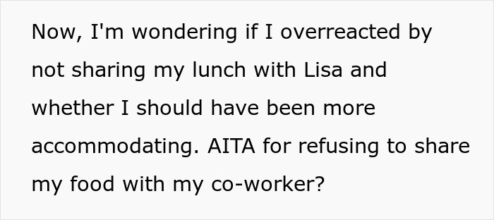 Text about a coworker questioning if not sharing lunch violates team spirit.
