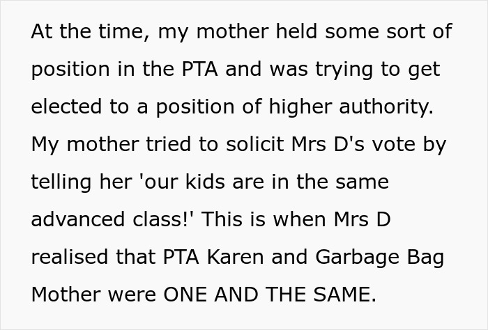 Text recounting a teen dealing with a mother seeking PTA authority, exposing deceptive tactics to a stranger.