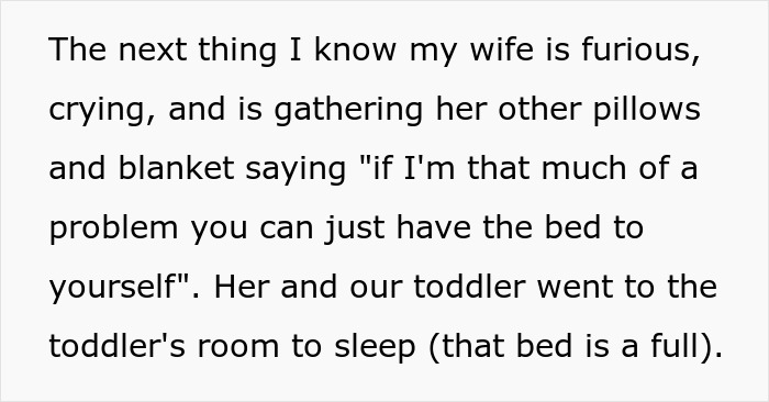 Wife's reaction to husband tossing pillow; moves to toddler's room for sleep.