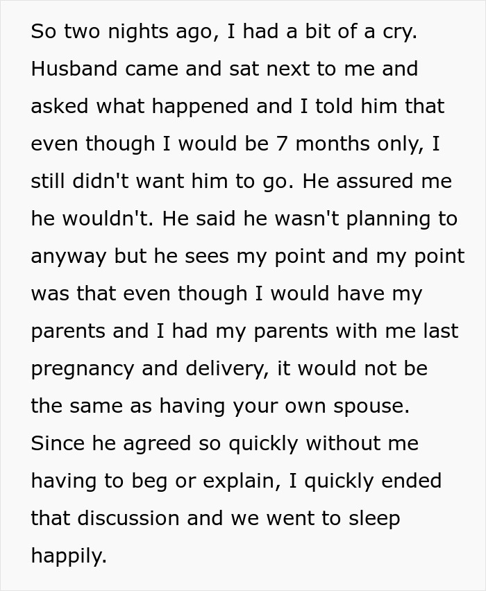 Text describing a pregnant wife's conversation with husband, discussing his overseas trip and choosing to stay.