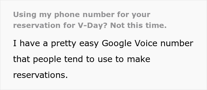 Text about using personal phone numbers for reservations, mentioning Google Voice.