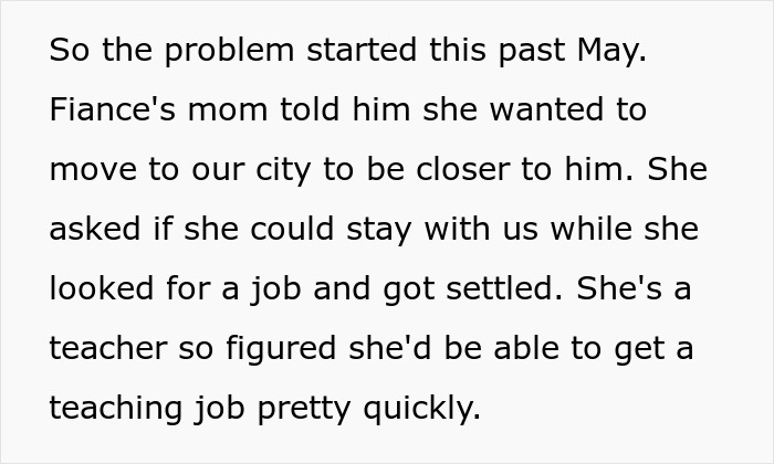 Text about fiance's mom moving in, leading to issues; woman feels driven out of her apartment by a difficult mother-in-law. Text about fiance's mom moving in, leading to issues; woman feels driven out of her apartment by a difficult mother-in-law.