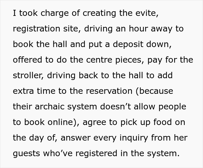 Text describing organizing and managing a baby shower with multiple tasks. Keywords: entitled sister, baby shower. Text describing organizing and managing a baby shower with multiple tasks. Keywords: entitled sister, baby shower.