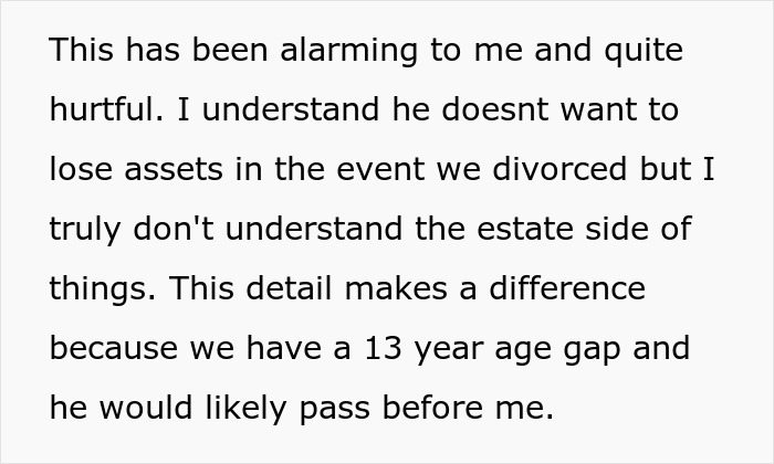 Text discussing estate planning concerns and relationship dynamics, mentioning a 13-year age gap between partners.