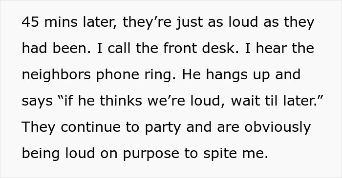 Text story of noisy hotel room neighbors continuing to party loudly.