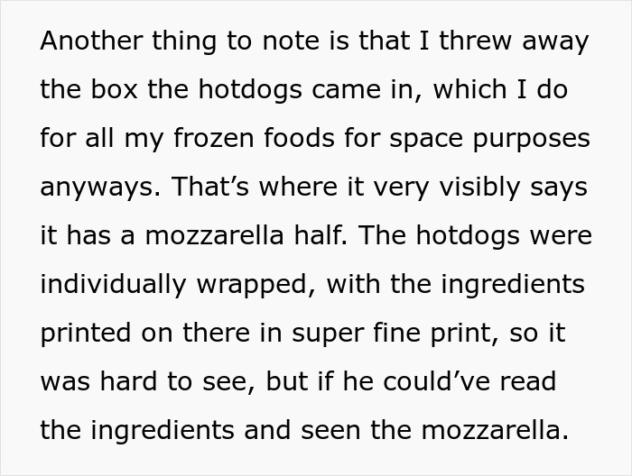 Text about hotdogs being disposed of, mentioning mozzarella half in fine print. Text about hotdogs being disposed of, mentioning mozzarella half in fine print.