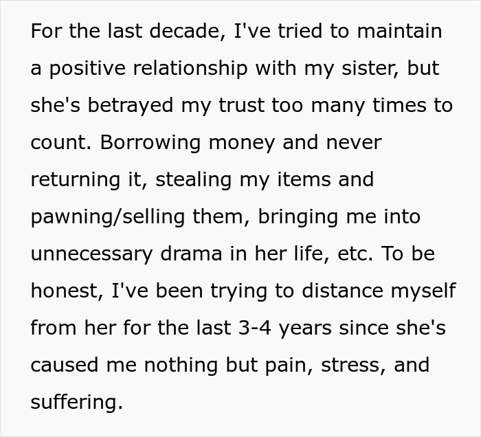 Text describing strained sister relationship and betrayal over the last decade.