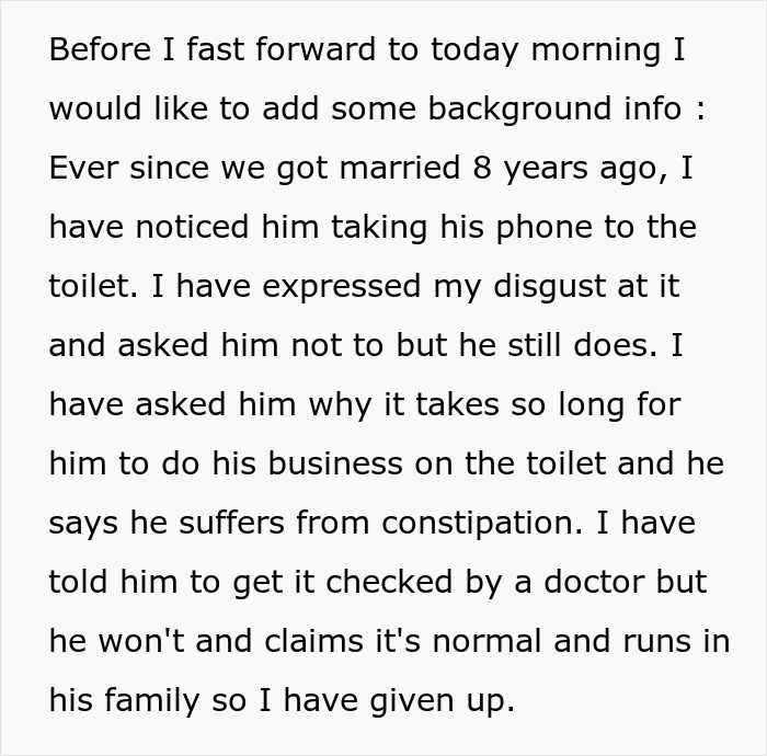 Text about a husband, phone use, and toilet habits impacting a wife during her pregnancy.