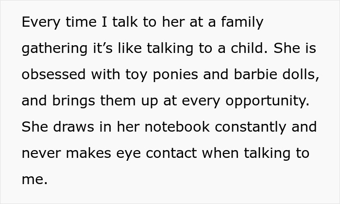 Text describing an autistic cousin's behavior and interests at family gatherings. Text describing an autistic cousin's behavior and interests at family gatherings.