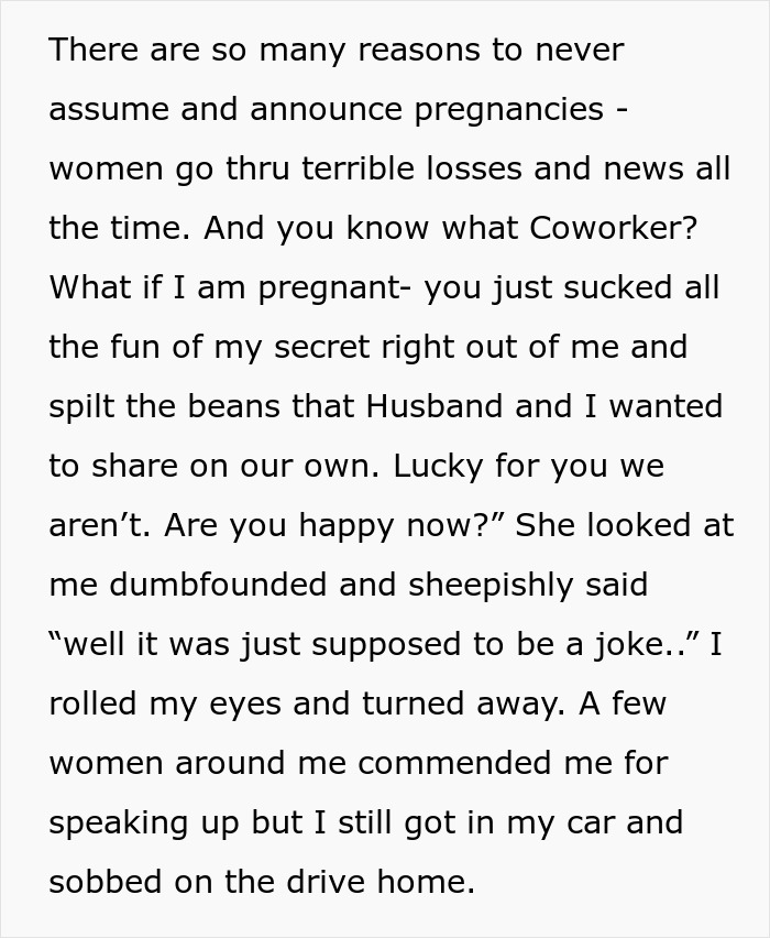 Text response to nosy coworker's pregnancy announcement at work. Text response to nosy coworker's pregnancy announcement at work.