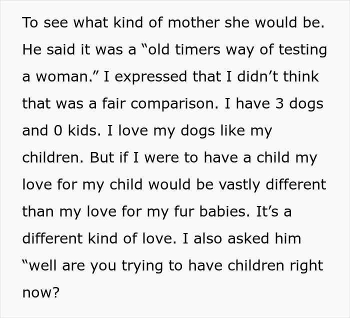 Text discussing the "old timers way of testing a woman" by seeing her maternal potential through caring for dogs. Text discussing the "old timers way of testing a woman" by seeing her maternal potential through caring for dogs.