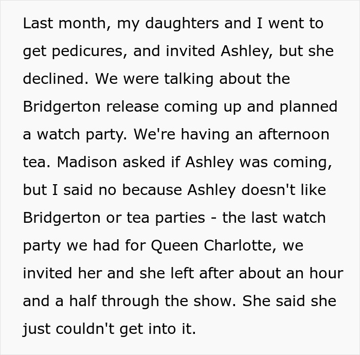 Text describes mom planning Bridgerton watch party without fussy daughter-in-law, causing family tension. Text describes mom planning Bridgerton watch party without fussy daughter-in-law, causing family tension.