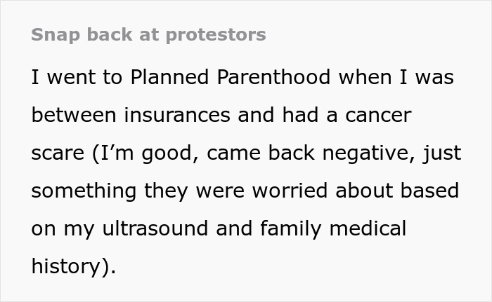 Text on a Planned Parenthood visit for cancer screening and response to protestors.