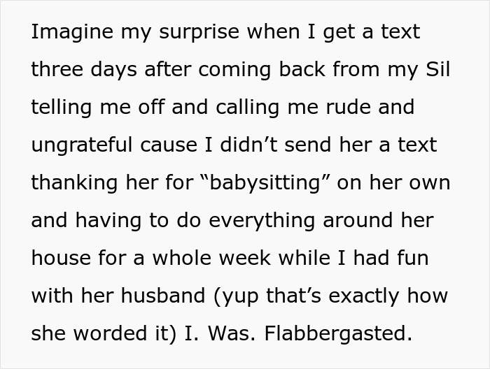 Text about sibling trip surprise and babysitting gratitude issue.