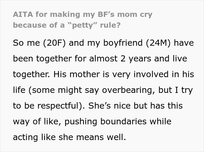 Text discussing a woman&rsquo;s reaction to her son&rsquo;s girlfriend&rsquo;s petty house rule, exploring family dynamics and boundaries.