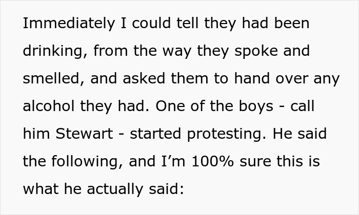 Text about a boy named Stewart protesting after drinking, mentioning a student's creepy comment. Text about a boy named Stewart protesting after drinking, mentioning a student's creepy comment.