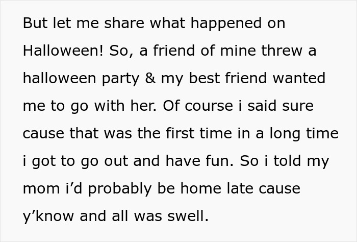 Text recounting Halloween plans; relates to parents volunteering daughter as a babysitter.