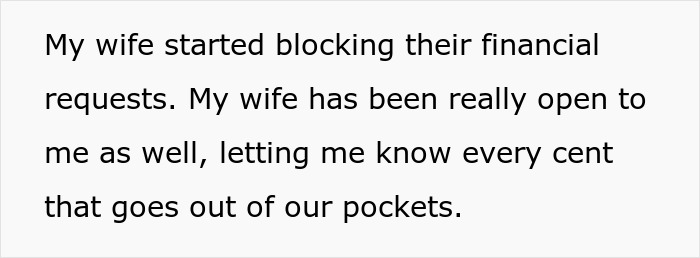 Text about wife blocking parents' financial requests, emphasizing transparency in expenses. Text about wife blocking parents' financial requests, emphasizing transparency in expenses.