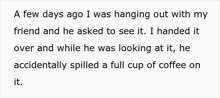 Text about a friend spilling coffee on a leather bag.