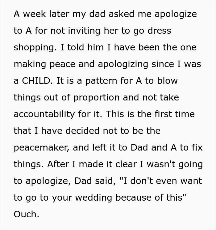 Text about dad choosing wife over daughter, leading to family conflict and skipping the daughter's wedding.