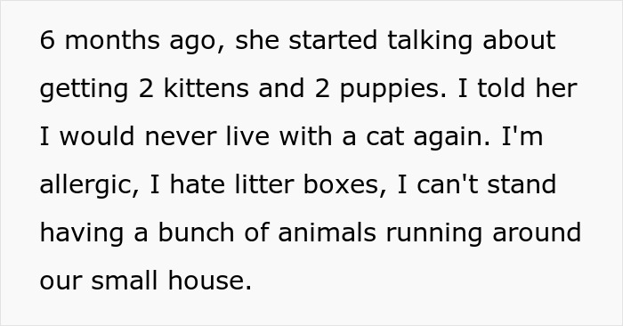 Text about discomfort with cats and allergies, expressing frustration about having pets in a small house.
