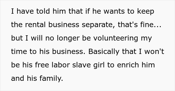 Text about a woman refusing to remodel property for free after being excluded from a will.