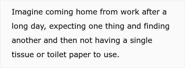 Text image describing a person returning from work and finding essentials like tissues and toilet paper missing. Text image describing a person returning from work and finding essentials like tissues and toilet paper missing.