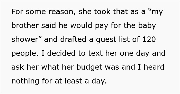 Text conversation about baby shower budget misunderstanding between brother and entitled sister. Text conversation about baby shower budget misunderstanding between brother and entitled sister.