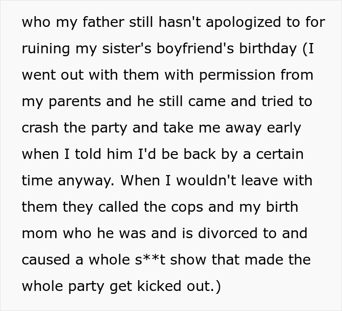 Text excerpt discussing a woman's refusal to babysit for her parents, describing a past family conflict at a party.