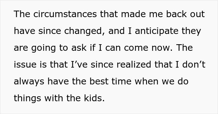 Text image discussing a child-free couple's concerns about vacationing with kids.