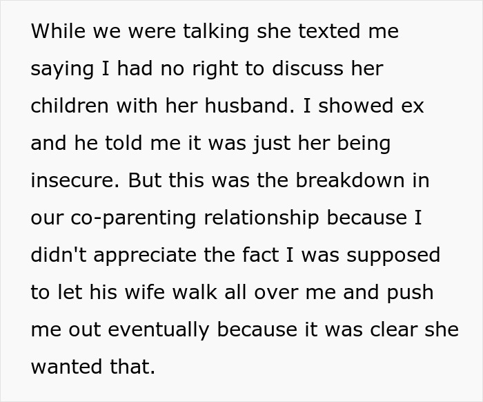 Text about a mom's co-parenting issues with her kids' stepmom, discussing lack of sympathy and bonding challenges. Text about a mom's co-parenting issues with her kids' stepmom, discussing lack of sympathy and bonding challenges.