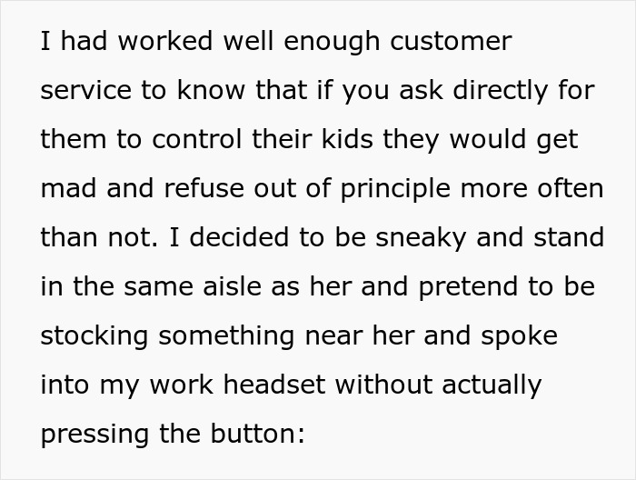 Text block discussing customer service and managing kids in a store. Text block discussing customer service and managing kids in a store.
