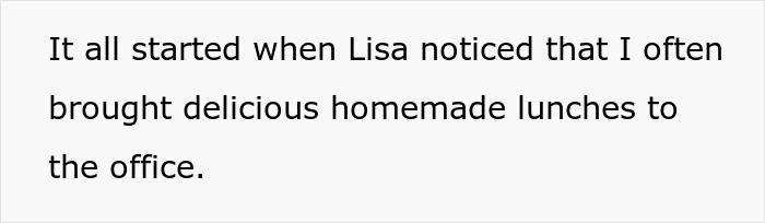 Text about a woman bringing homemade lunches to work, observed by a coworker.