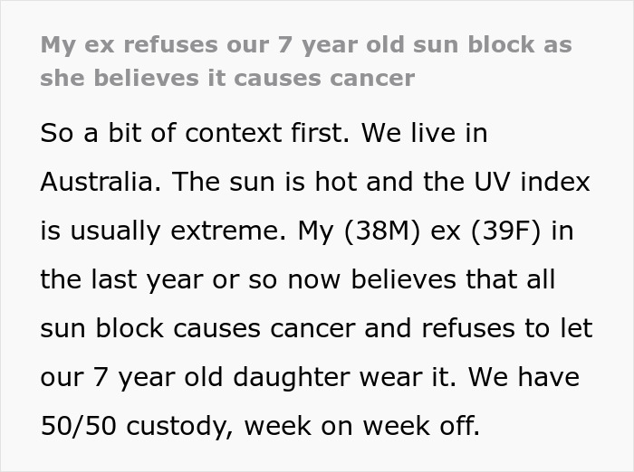 Text about sunscreen debate in Australia, mother claims sunscreen causes cancer, affecting daughter's sun exposure.