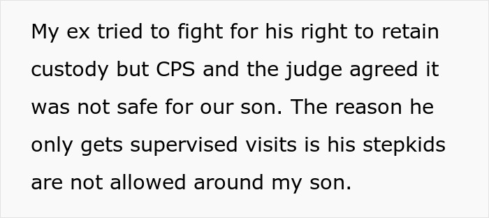 Text about custody and supervised visits related to stepsiblings issue.