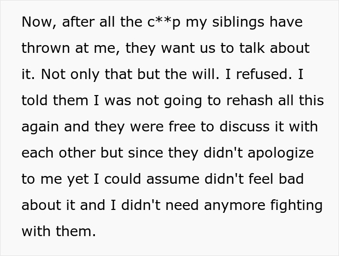 Text about siblings discussing a will and family conflict over a stepsister's relationship. Text about siblings discussing a will and family conflict over a stepsister's relationship.