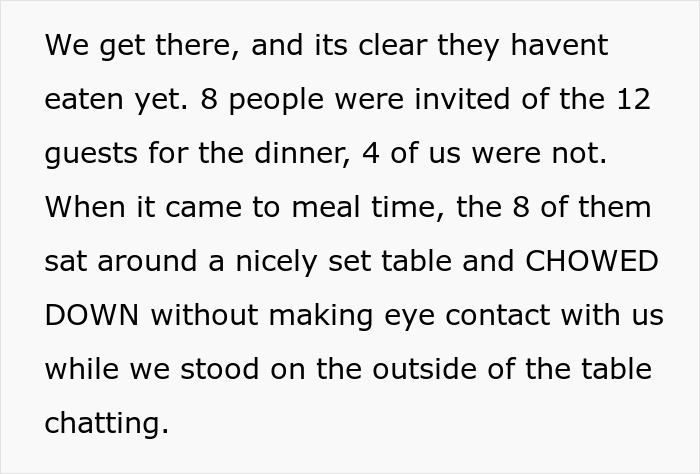 Text describing a situation where a group of friends eats while other guests stand outside the table.