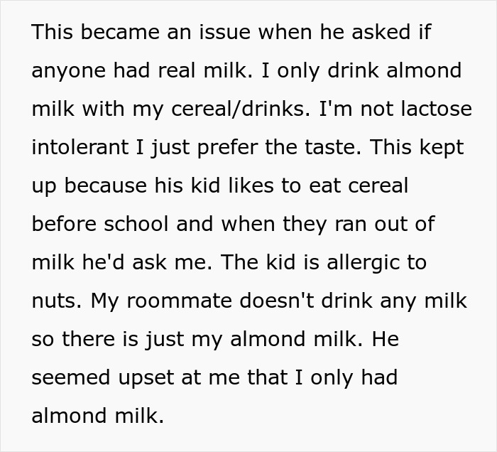 Text about a roommate conflict over almond milk and food allergies involving a 7-year-old.