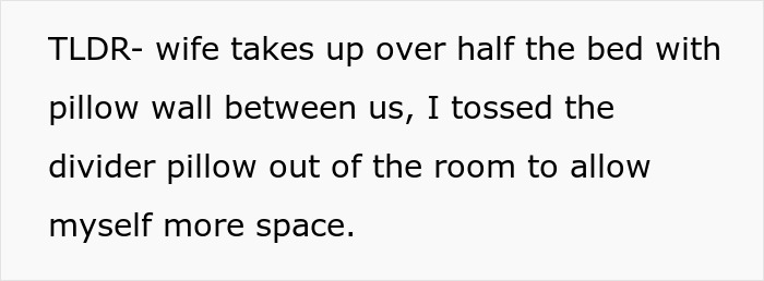 Text about a wife using half the bed with a pillow wall, and the husband removing a pillow for more space.