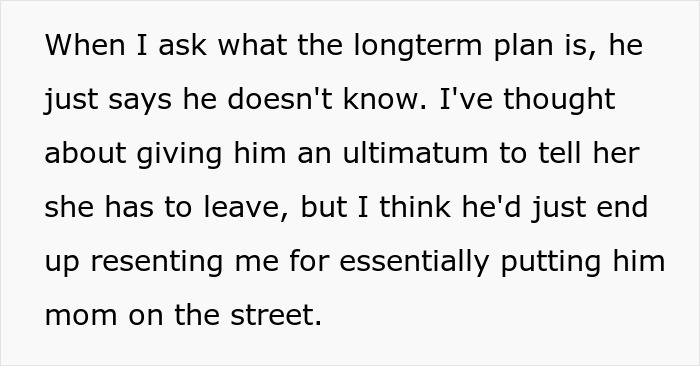 Text screenshot discussing frustration with partner's indecision about their mother-in-law living situation. Text screenshot discussing frustration with partner's indecision about their mother-in-law living situation.