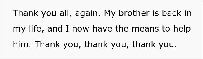 Text reading gratitude for brother's return, expressing joy and support, related to proving brother isn't gay anymore.