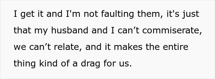 Text excerpt about a child-free couple expressing their feelings on vacation plans with kids.