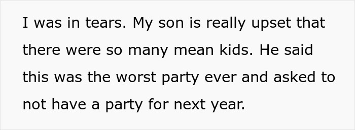 Parent upset after no RSVPs, son's party deemed worst ever.