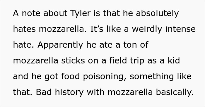 Text explaining intense mozzarella dislike due to past food poisoning incident. Text explaining intense mozzarella dislike due to past food poisoning incident.