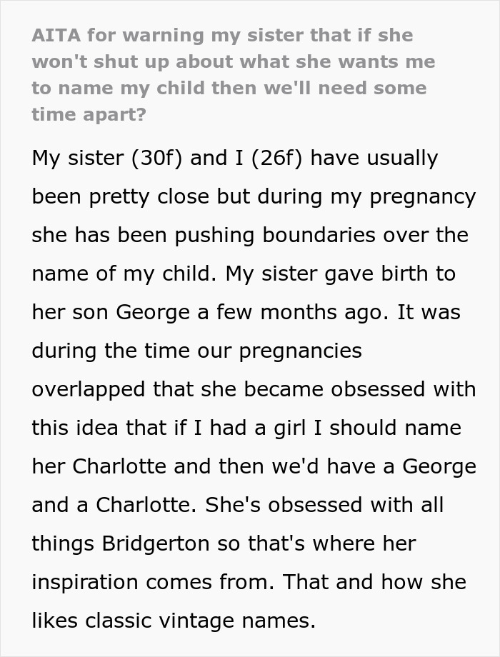 Text about a sister&rsquo;s obsession with Bridgerton, naming her baby George, and insisting her sibling use the name Charlotte.